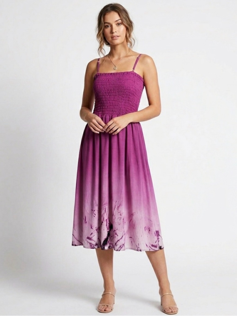 DNLA Magenta Pink Ombre Smocked Midi DressSize Large L